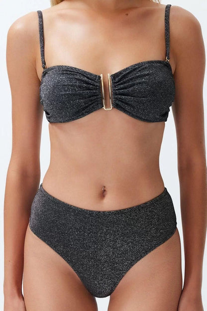 Fashion Plain Strapless High Waist Strapless Accessory Glittery Premium Fabric Brazilian Bikini Set