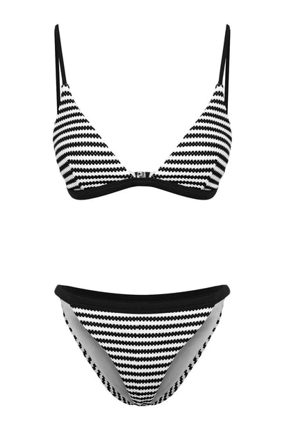 Fashion Striped Throwback Triangle Regular Waist Brief Black-White Triangle Textured Regular Bikini Set