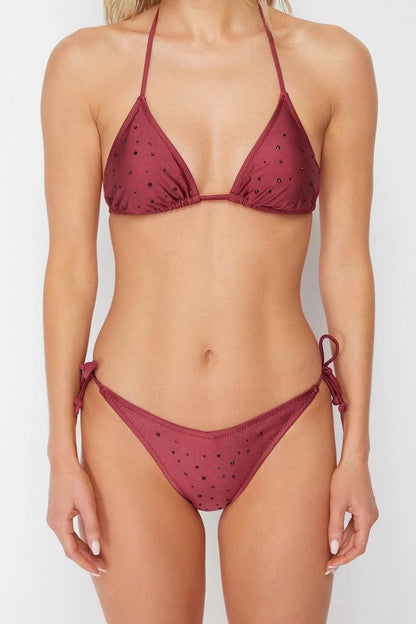 Style Plain Throw Cap Triangle Normal Waist Brief Burgundy Triangle Stone Regular Bikini Set