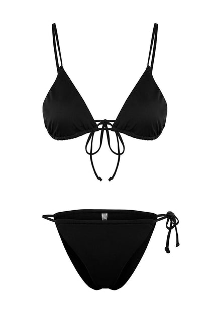 Fashion Plain Throw Cap Wrap Normal Waist Slip Black Triangle Tunnel High Leg Brazilian Bikini Set