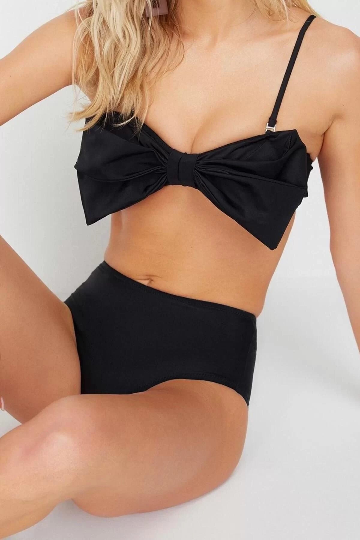 Fashion Plain Strapless High Waist Brief Black Strapless High Waist High Leg Regular Bikini Set