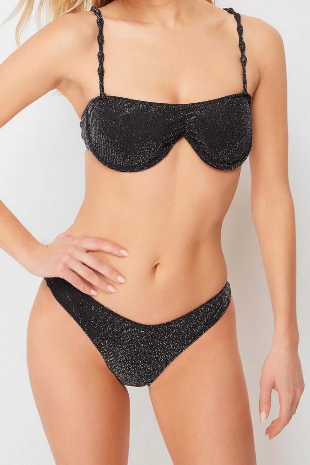 Fashion Plain Throw Cap Balconette Normal Waist Brief Black Balconette Accessory Glittery Regular Bikini Set