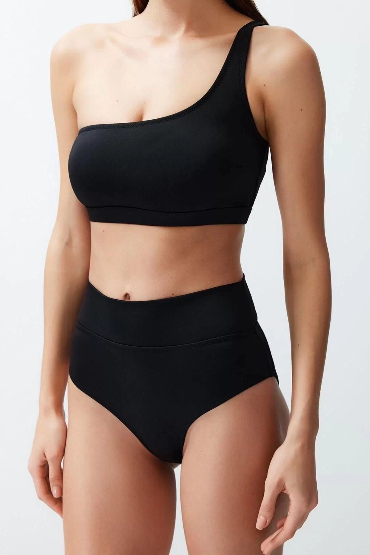 Fashion Plain Throw Cup Bustier High Waist Brief Saxe One Shoulder High Waist Regular Bikini Set