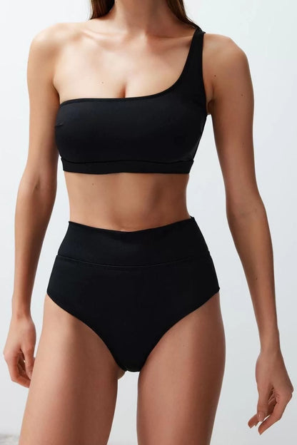 Fashion Plain Throw Cup Bustier High Waist Brief Saxe One Shoulder High Waist Regular Bikini Set