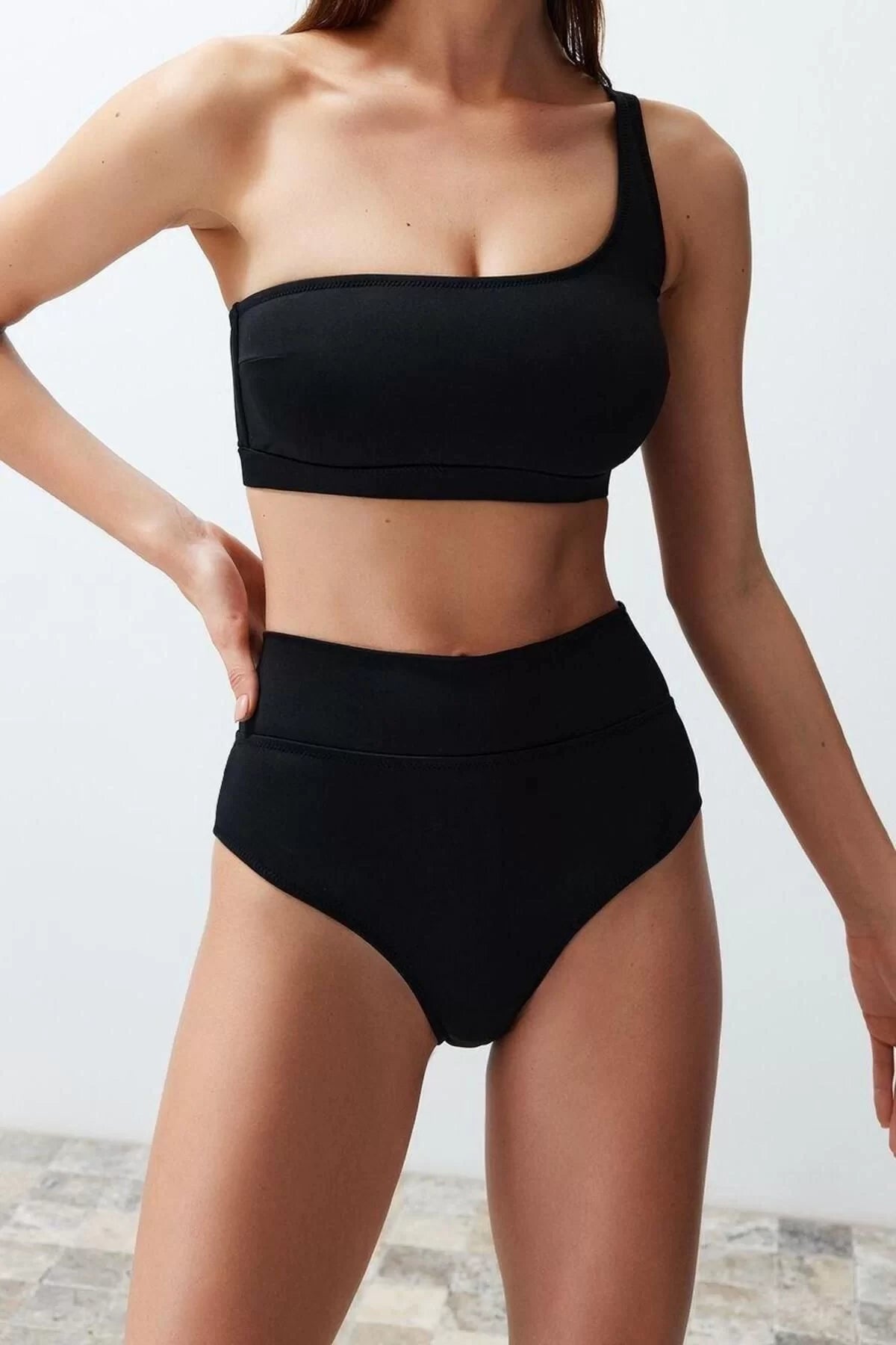 Fashion Plain Throw Cup Bustier High Waist Brief Saxe One Shoulder High Waist Regular Bikini Set