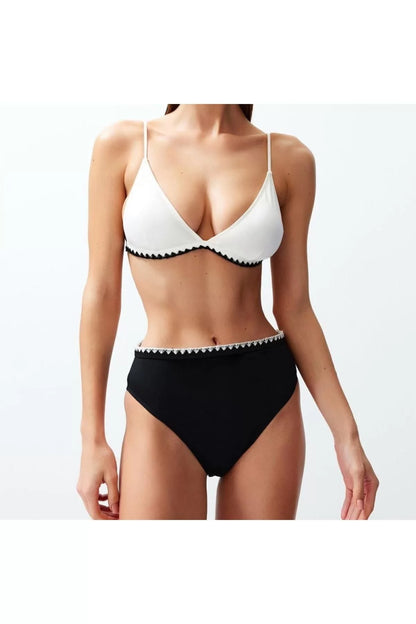 Fashion Plain Throw Cap Triangle High Waist Brief Saxe Triangle Embroidered High Waist Regular Bikini Set