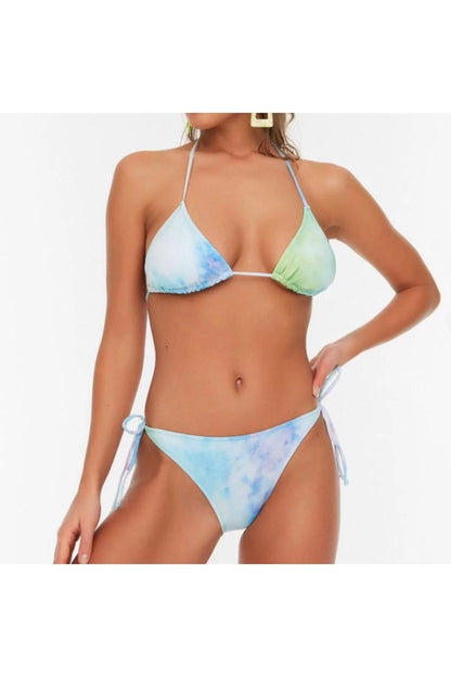 Fashion Floral Throw Cup Bralette Normal Waist Slip Blue Triangle Tied Regular Bikini Set