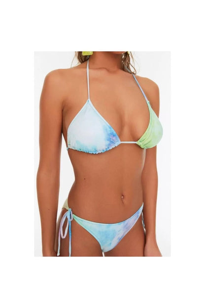 Fashion Floral Throw Cup Bralette Normal Waist Slip Blue Triangle Tied Regular Bikini Set