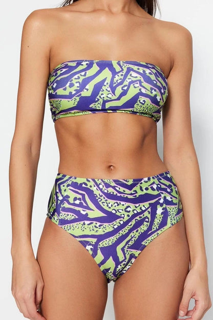 Fashion Leopard Throw Cap Strapless High Waist Hipster Green Strapless High Waist Hipster Bikini Set