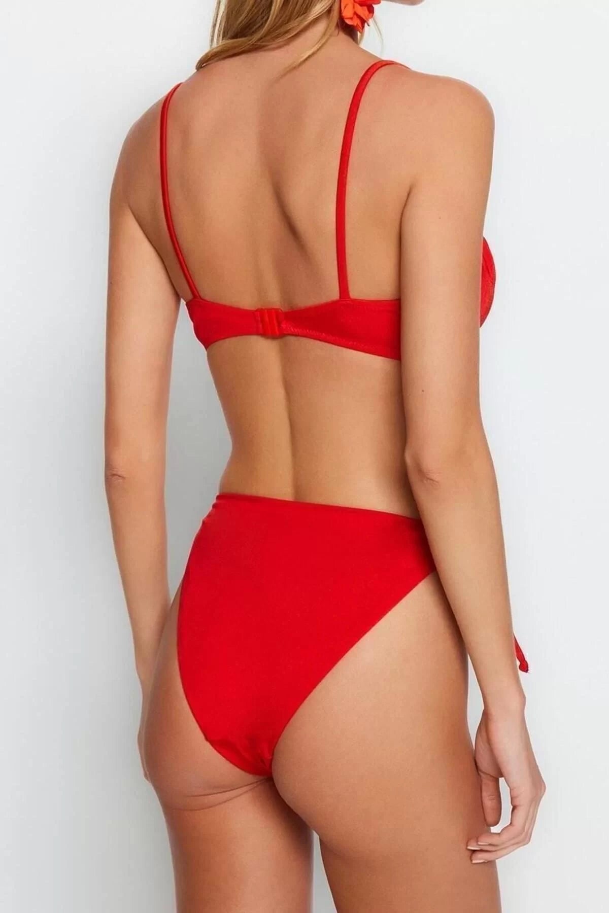 Fashion Plain Throw Cap Balconette Normal Waist Brazilian Red Balconette Tunnel Brazilian Bikini Set