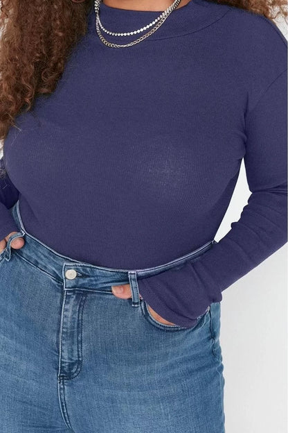 Fashion Plus Size Stand Collar Knitted Fit Plain Pattern Casual Daily Regular Long Sleeve Blouse