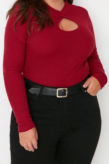 Fashion Plus Size Stand Collar Knitted Fit Plain Pattern Casual Daily Crop Long Sleeve Blouse