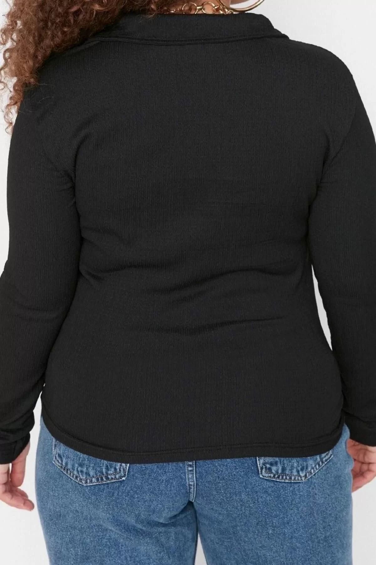 Fashion Plus Size Polo Collar Knitted Fit Plain Pattern Casual Daily Crop Long Sleeve Blouse