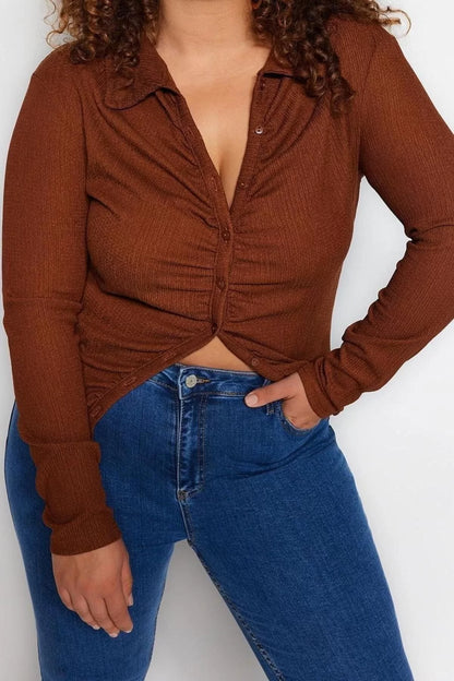 Fashion Plus Size Polo Collar Knitted Fit Plain Pattern Casual Daily Crop Long Sleeve Blouse