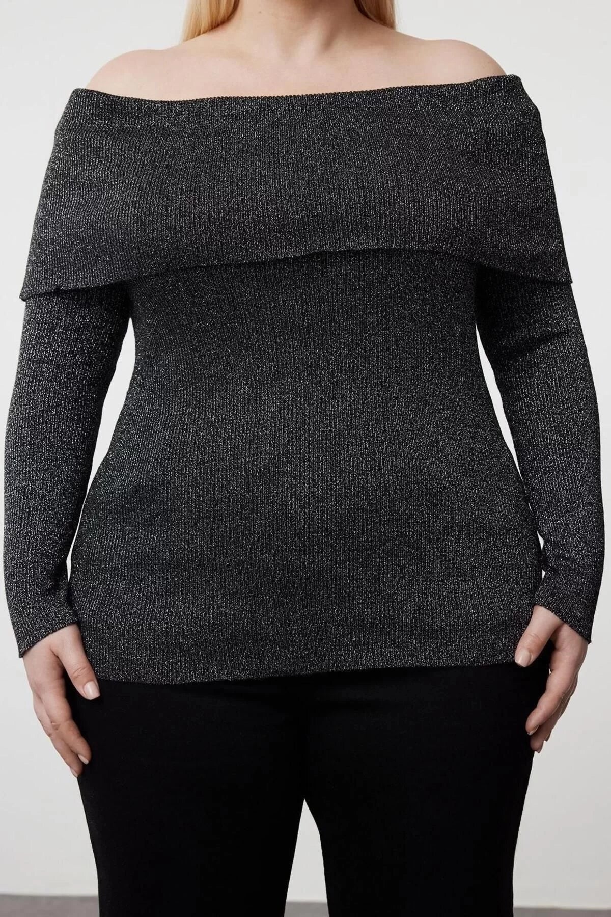 Fashion Plus Size Carmen Collar Knitwear Fit Plain Pattern Casual Daily Regular Long Sleeve Blouse