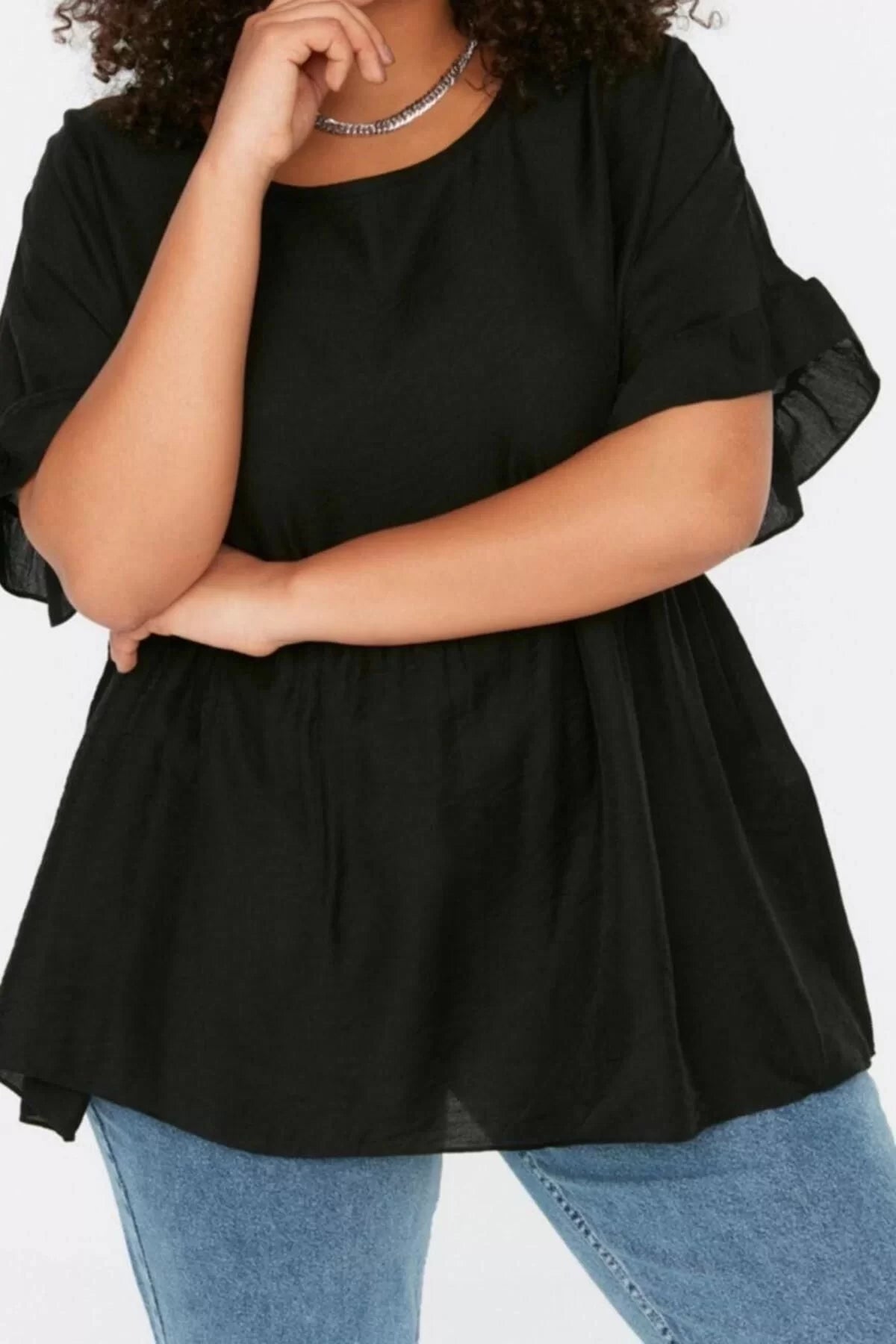 Fashion Plus Size Crew Neck Woven Oversize Plain Pattern Casual Daily Regular Short Sleeve Blouse