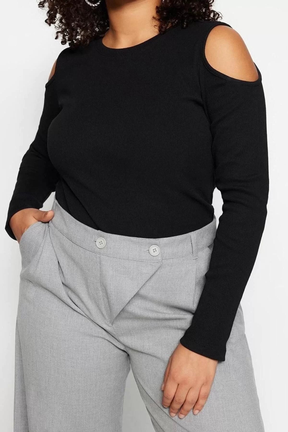 Fashion Plus Size Crew Neck Knitted Fit Plain Pattern Casual Daily Crop Long Sleeve Blouse