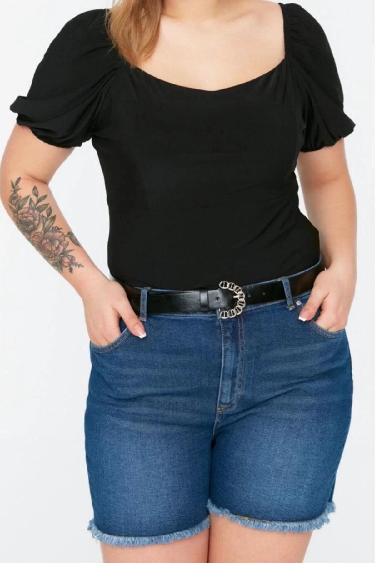 Fashion Plus Size Square Collar Knitted Slim Plain Pattern Casual Daily Crop Short Sleeve Blouse