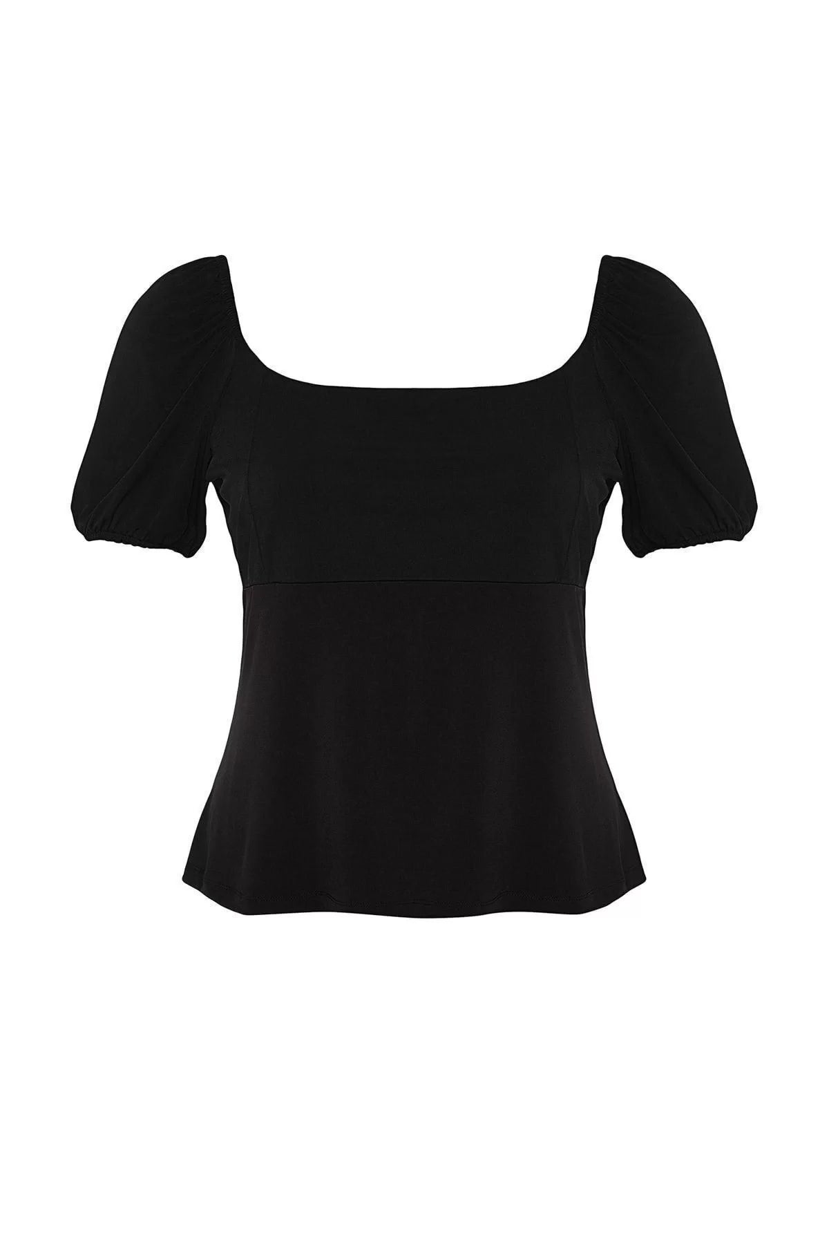 Fashion Plus Size Square Collar Knitted Slim Plain Pattern Casual Daily Crop Short Sleeve Blouse