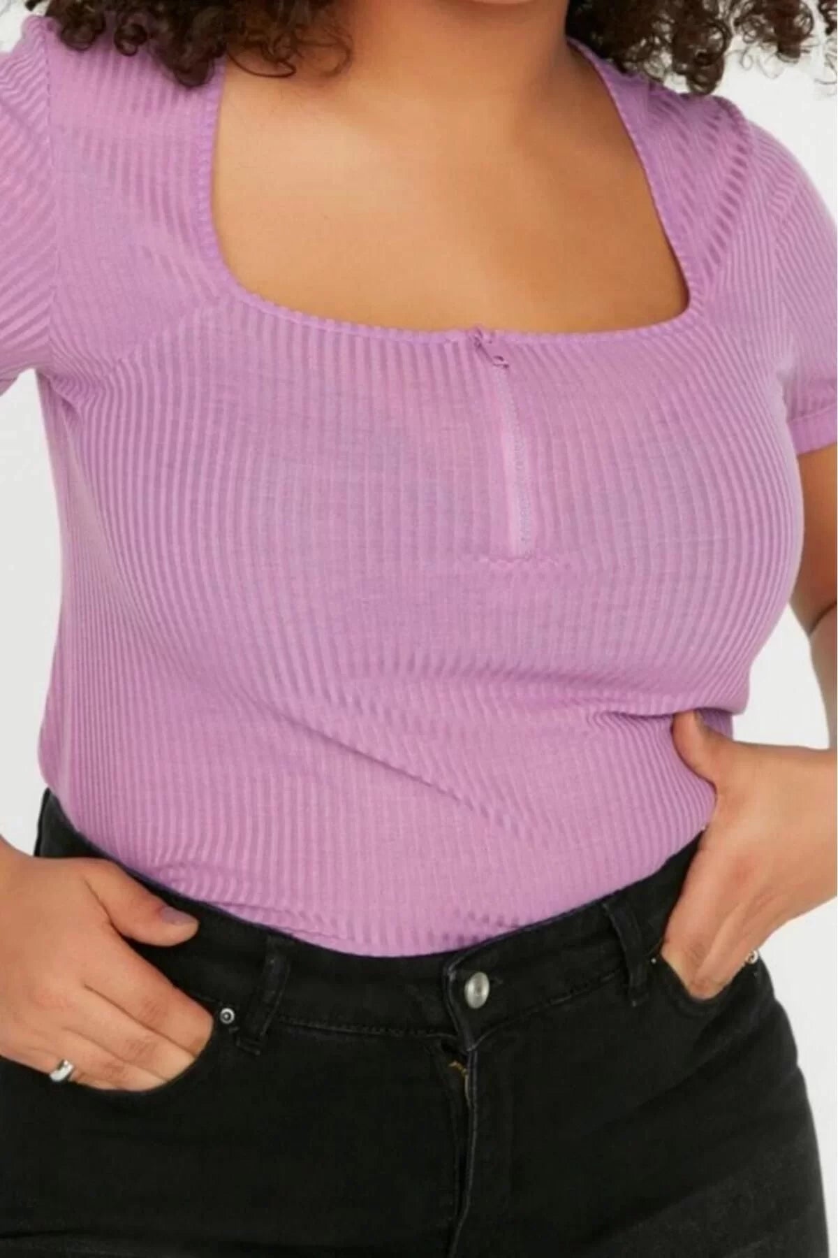 Fashion Plus Size Square Collar Knitted Fit Plain Pattern Casual Daily Crop Short Sleeve Blouse