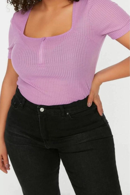 Fashion Plus Size Square Collar Knitted Fit Plain Pattern Casual Daily Crop Short Sleeve Blouse