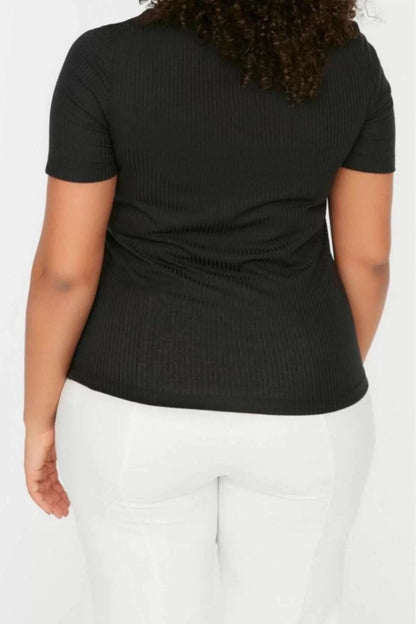 Fashion Plus Size Square Collar Knitted Fit Plain Pattern Casual Daily Crop Short Sleeve Blouse