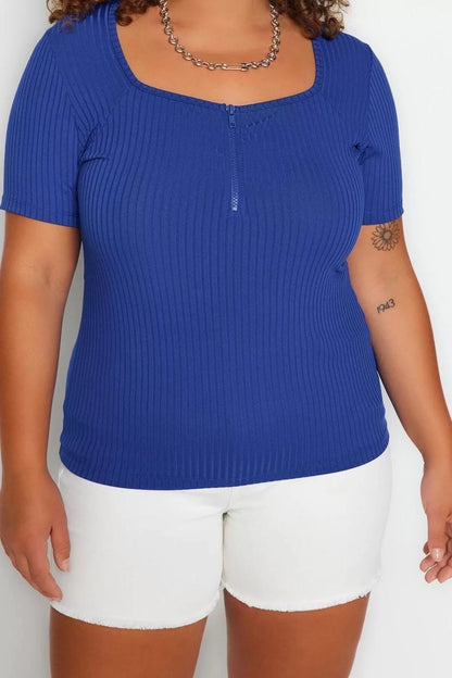 Fashion Plus Size Square Collar Knitted Fit Plain Pattern Casual Daily Crop Short Sleeve Blouse