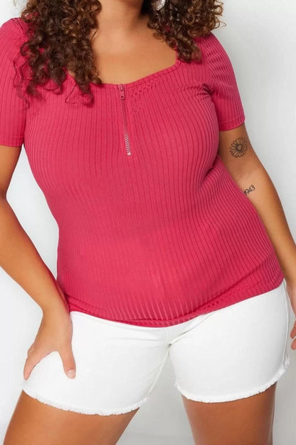 Fashion Plus Size Square Collar Knitted Fit Plain Pattern Casual Daily Crop Short Sleeve Blouse