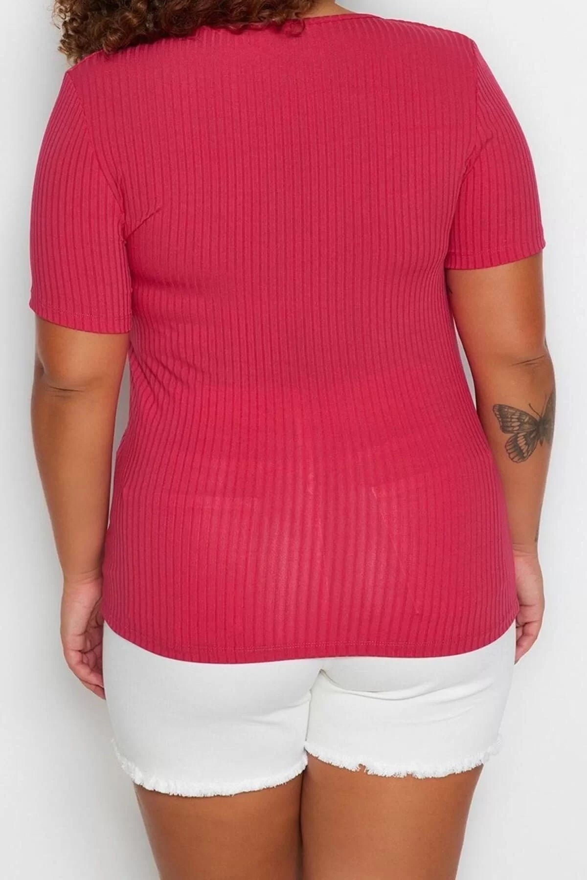 Fashion Plus Size Square Collar Knitted Fit Plain Pattern Casual Daily Crop Short Sleeve Blouse