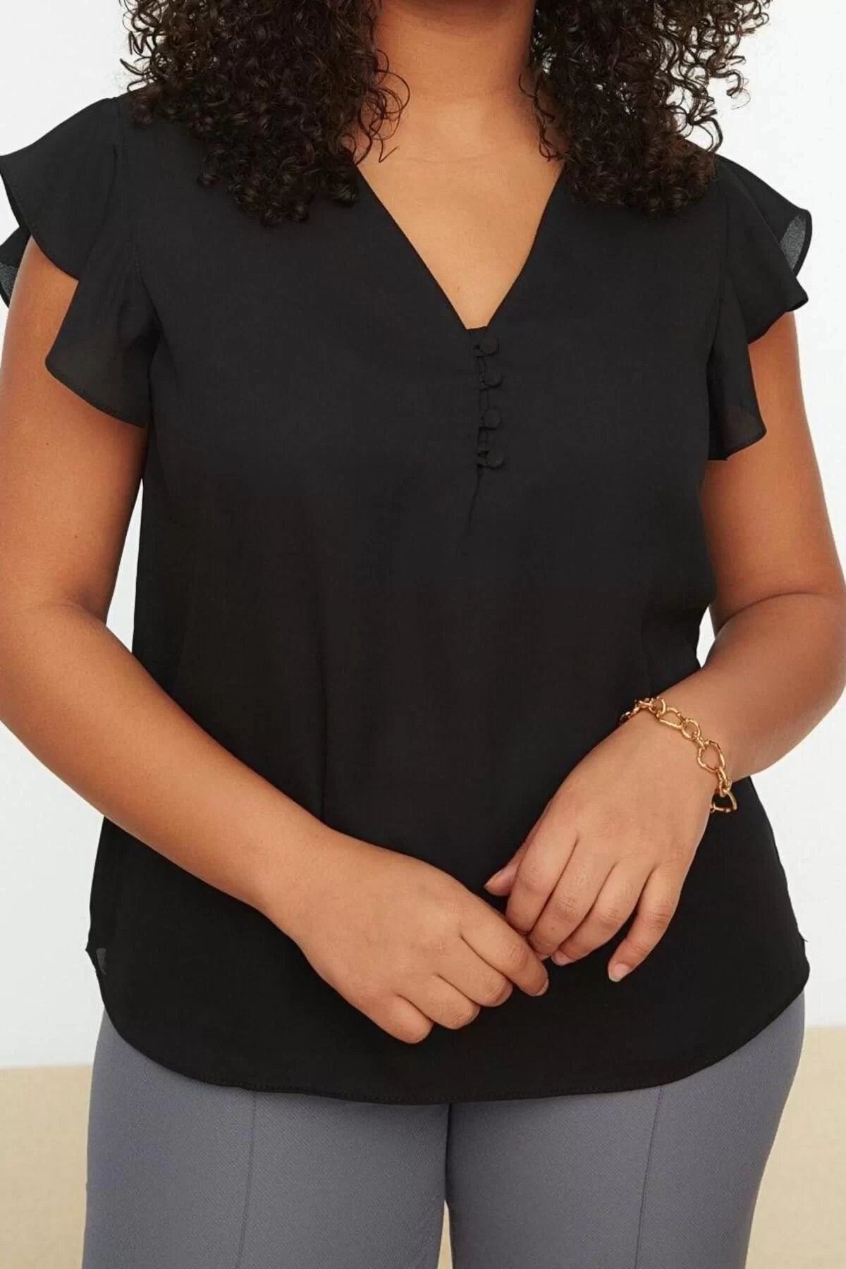 Fashion Plus Size V Neck Woven Regular Plain Pattern Casual Daily Regular Short Sleeve Blouse