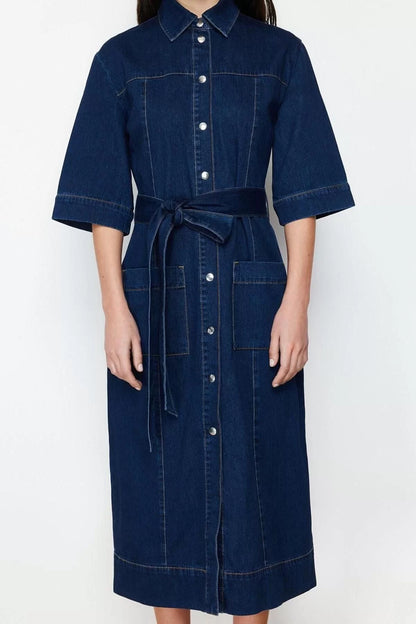 Fashion Regular Casual Daily Rigid Denim Shirt Collar Long Sleeve Basic Maxi Length Dress