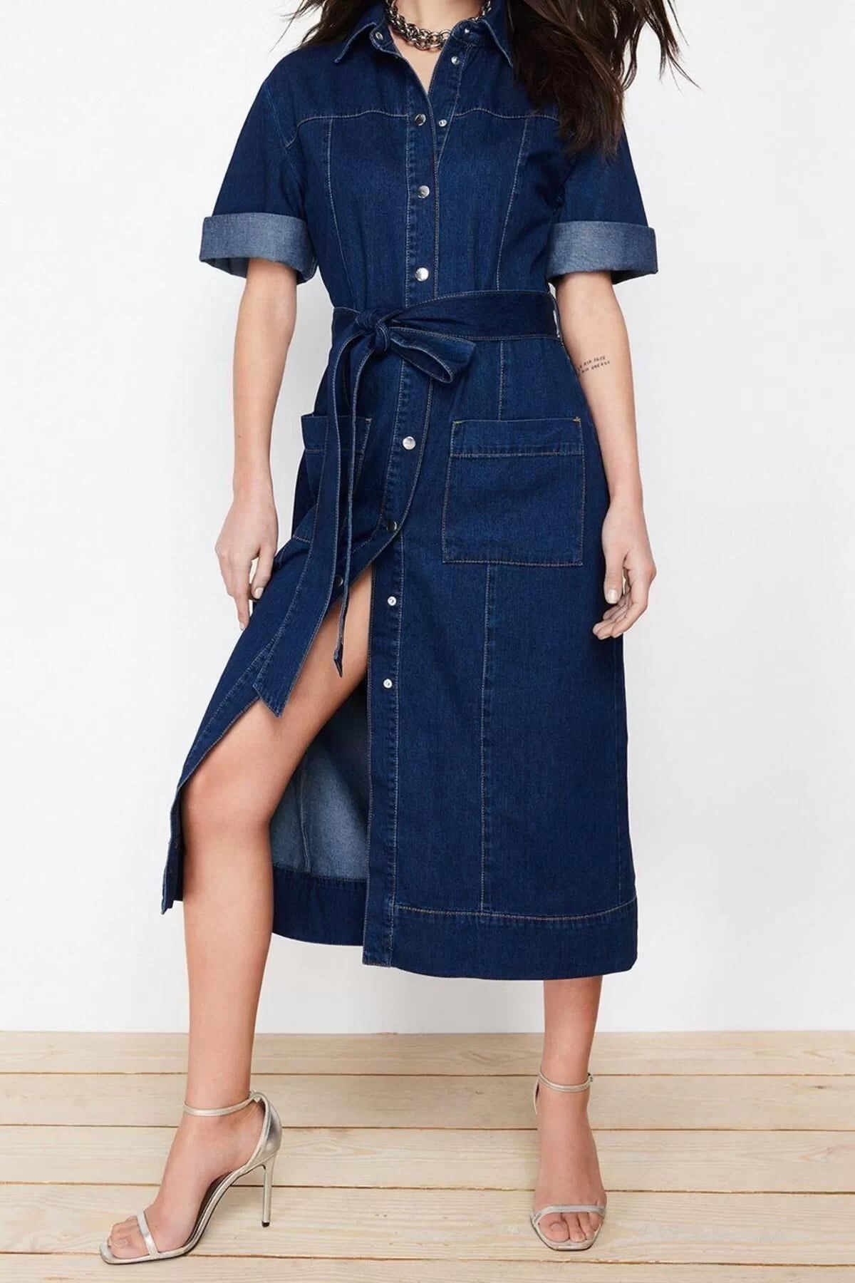 Fashion Regular Casual Daily Rigid Denim Shirt Collar Long Sleeve Basic Maxi Length Dress