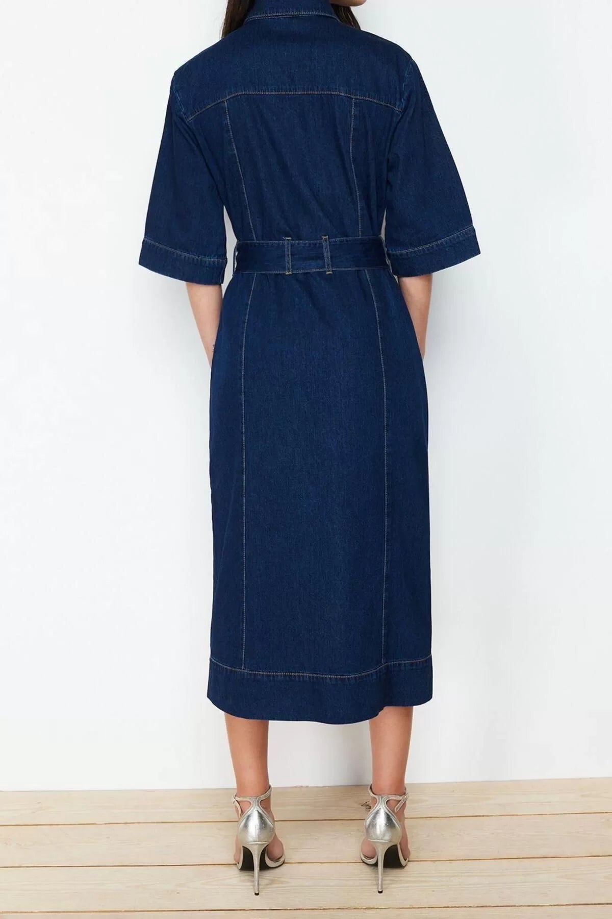 Fashion Regular Casual Daily Rigid Denim Shirt Collar Long Sleeve Basic Maxi Length Dress