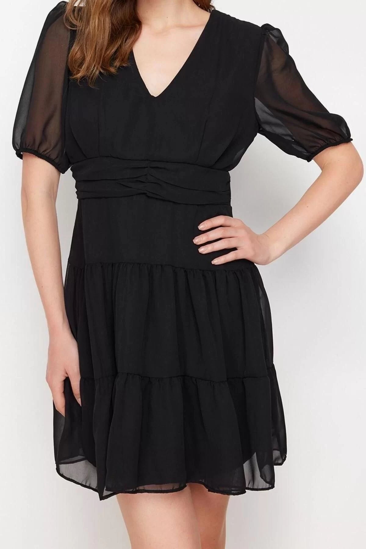 Style Regular Day Night Chiffon Woven V Neck Short Sleeve Skater Mini Length Dress