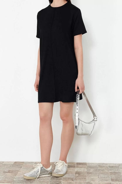 Fashion Regular Casual Daily Jersey Knitted Crew Neck Short Sleeve T-Shirt Dress Mini Length Dress