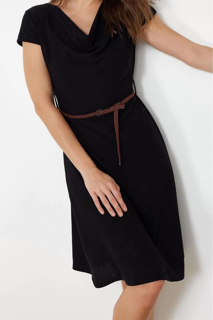 Fashion Regular Casual Daily Crepe Knitted Cowl Neck Short Sleeve Skater Midi Length Dress