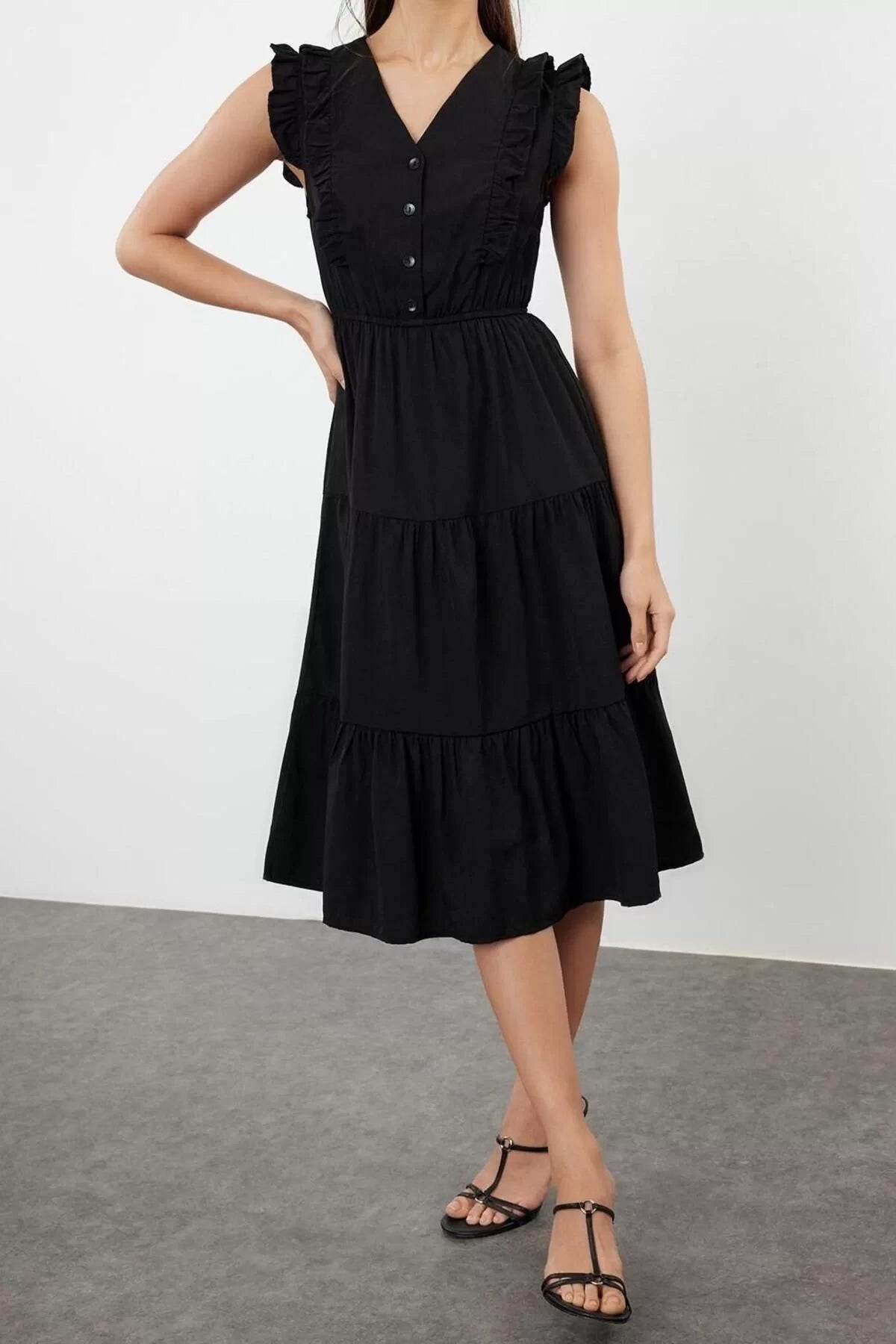 Fashion Skater Casual Daily Terrycotton Woven V Neck Sleeveless Sleeve Skater Midi Length Dress