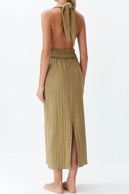 Fashion Sleeveless Cowl Neck Maxi Dress Khaki Maxi Woven Backless Linen Blend Beach Dress