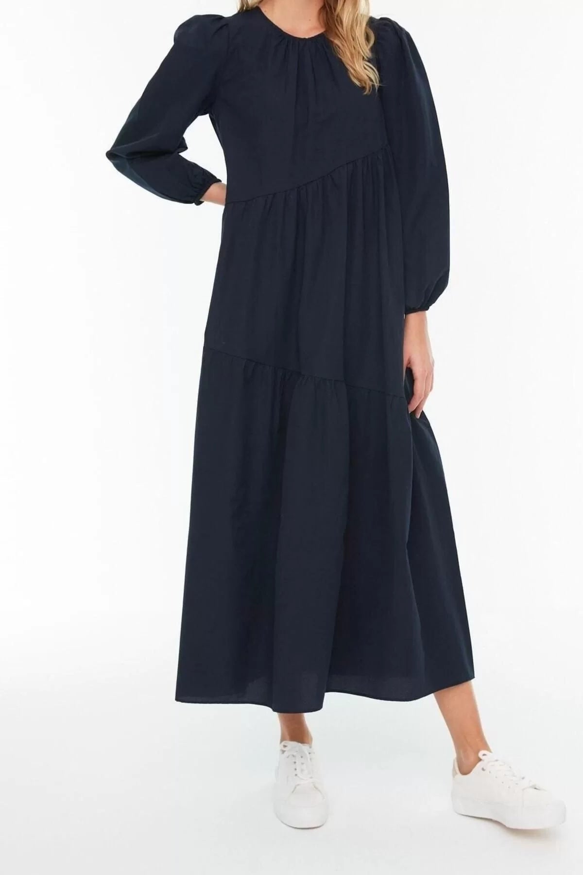 Fashion Regular Casual Daily Terrycotton Woven Crew Neck Long Sleeve A-Line Maxi Length Hijab Dress