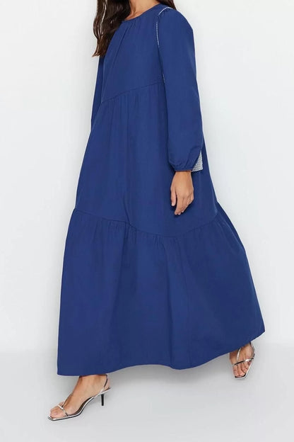 Fashion Regular Casual Daily Terrycotton Woven Crew Neck Long Sleeve A-Line Maxi Length Hijab Dress