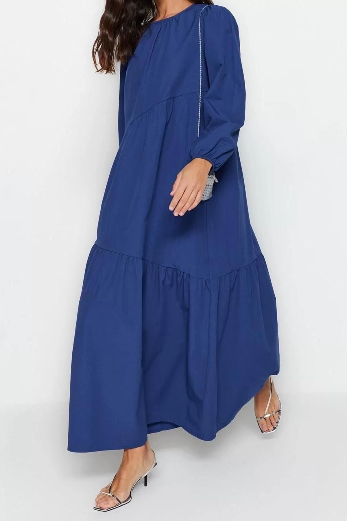 Fashion Regular Casual Daily Terrycotton Woven Crew Neck Long Sleeve A-Line Maxi Length Hijab Dress