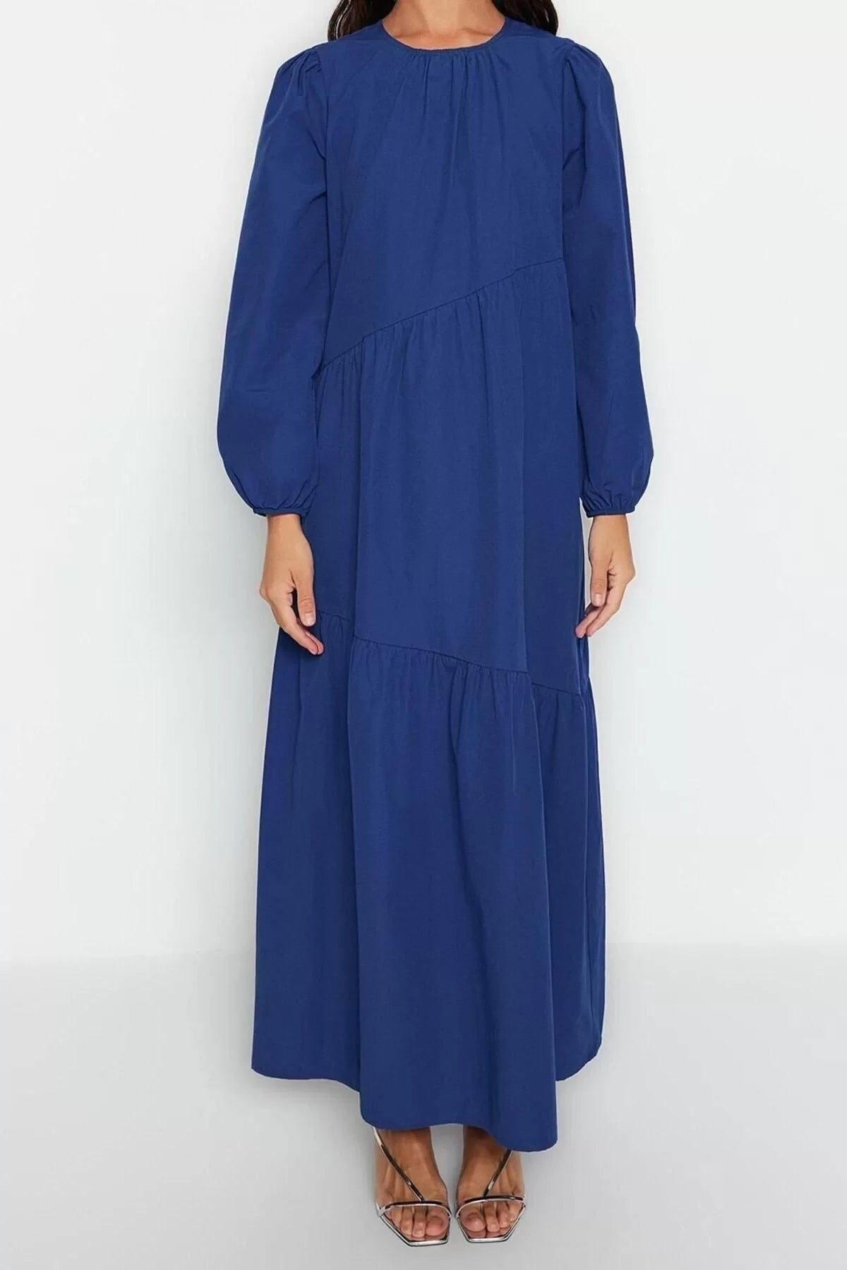 Fashion Regular Casual Daily Terrycotton Woven Crew Neck Long Sleeve A-Line Maxi Length Hijab Dress