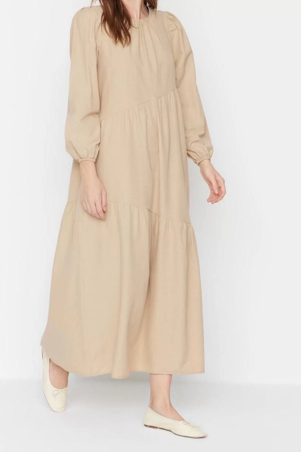 Fashion Regular Casual Daily Terrycotton Woven Crew Neck Long Sleeve A-Line Maxi Length Hijab Dress