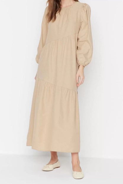 Fashion Regular Casual Daily Terrycotton Woven Crew Neck Long Sleeve A-Line Maxi Length Hijab Dress