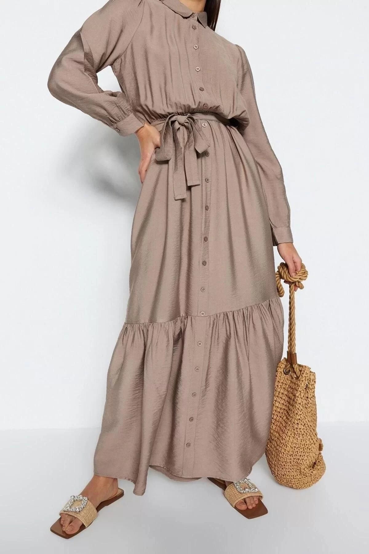 Fashion Regular Casual Daily Aerobin Woven Jacket Collar Long Sleeve A-Line Maxi Length Hijab Dress