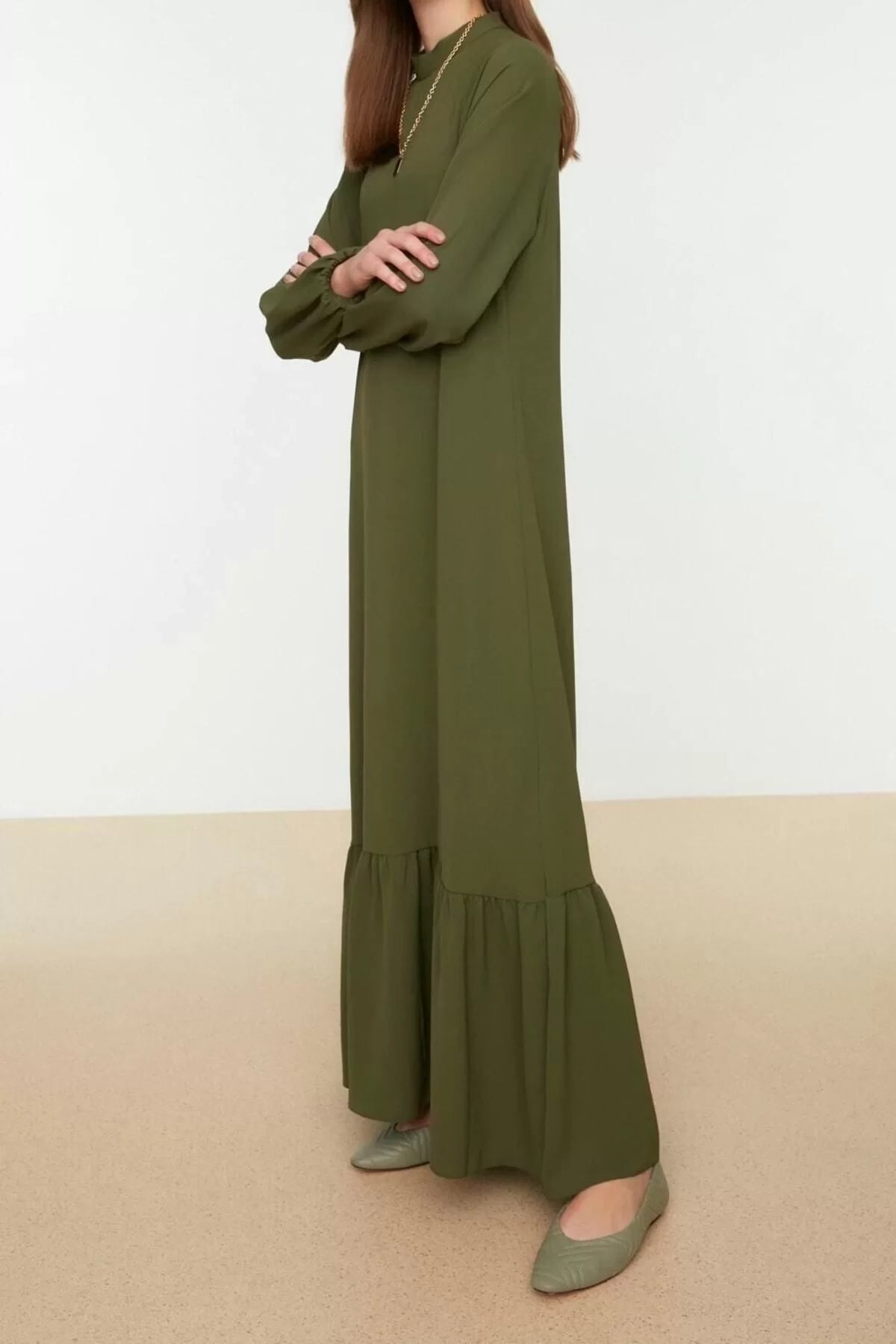 Fashion Regular Casual Daily Aerobin Woven Stand Collar Long Sleeve A-Line Long Length Hijab Dress