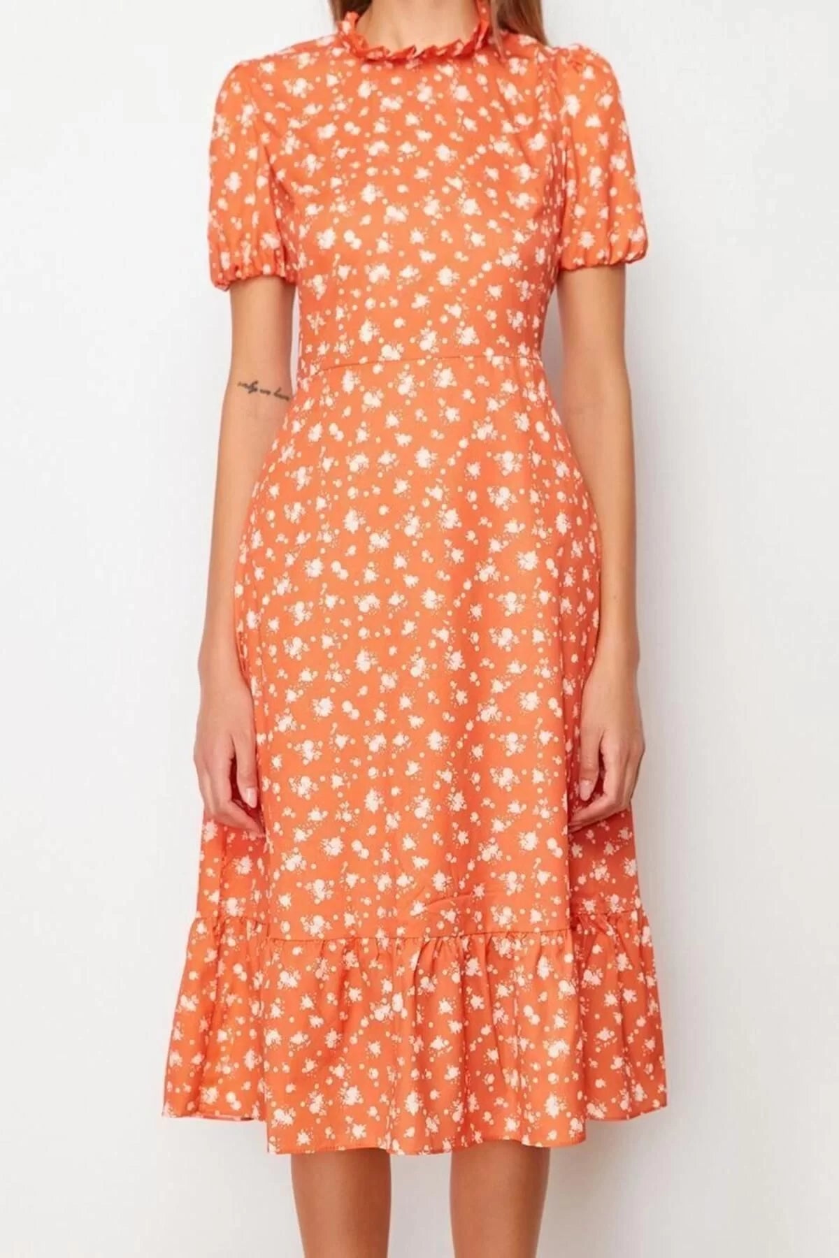 Short Sleeve Stand Collar Midi Dress Multicoloured Floral Patterned A Cut Flounce Lined Midi Woven Dress