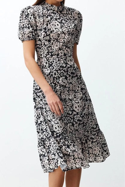 Short Sleeve Stand Collar Midi Dress Multicoloured Floral Patterned A Cut Flounce Lined Midi Woven Dress