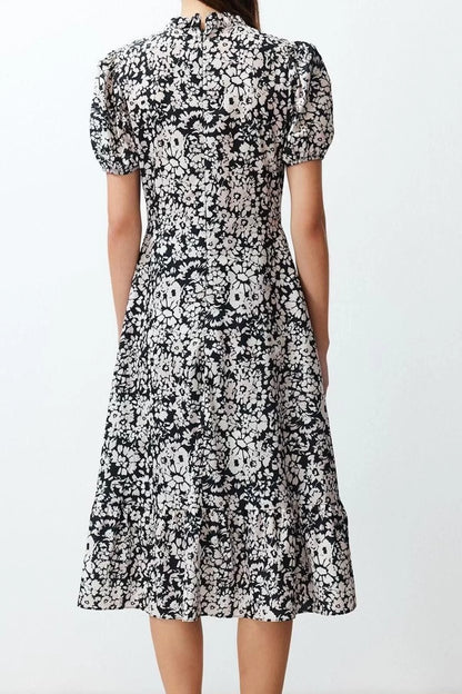 Short Sleeve Stand Collar Midi Dress Multicoloured Floral Patterned A Cut Flounce Lined Midi Woven Dress