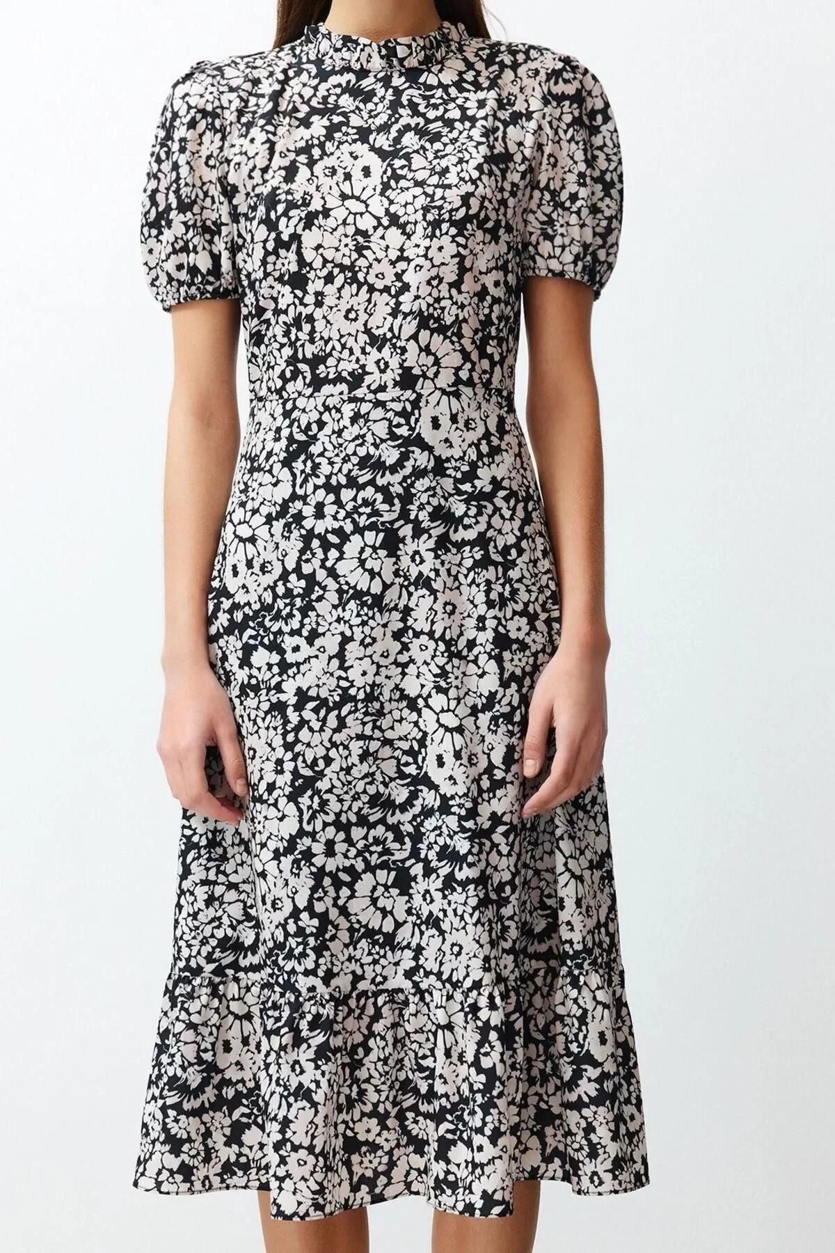 Short Sleeve Stand Collar Midi Dress Multicoloured Floral Patterned A Cut Flounce Lined Midi Woven Dress